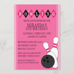 Pink Retro Custom Bowling Birthday Party Invitation