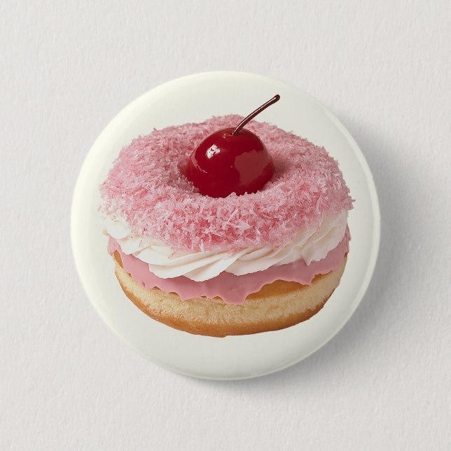 Pink Retro Cute Vintage Cherry Donut Button (Front)