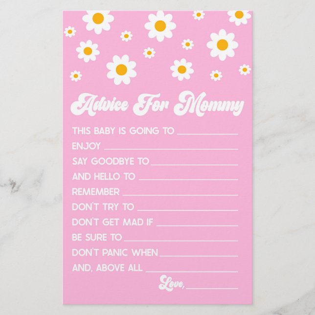 Pink Retro Daisy Advice Baby Shower Game Activity Stationery (Front)