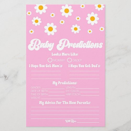 Pink Retro Daisy Baby Shower Predictions Activity Stationery