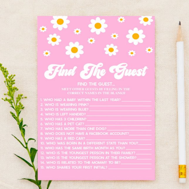 Pink Retro Daisy Find The Guest Baby Shower Game Stationery (Creator Uploaded)