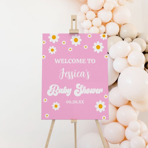 Pink Retro Daisy Flower Baby Shower Welcome Sign