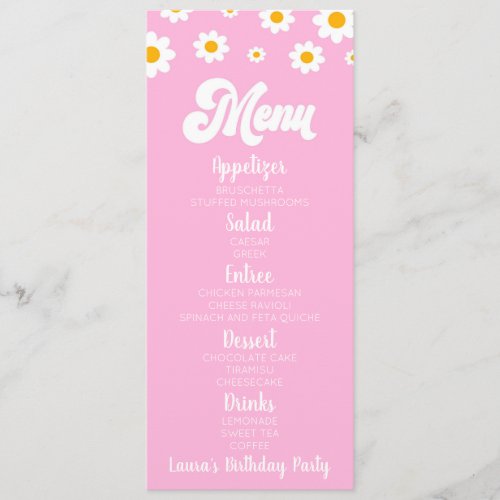 Pink Retro Daisy Flower Birthday Party Food Menu