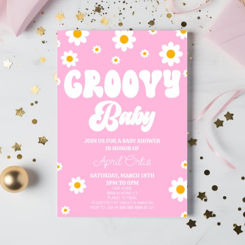Pink Retro Daisy Flower Groovy Baby Baby Shower Invitation