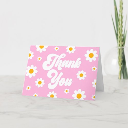 Pink Retro Daisy Flower Party Thank You Card