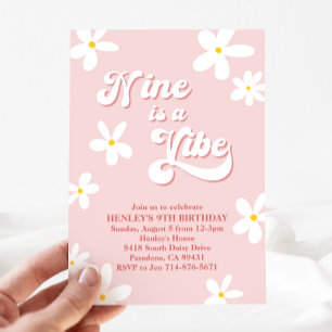 Pink Retro Daisy Nine Is A Vibe Birthday  Invitation