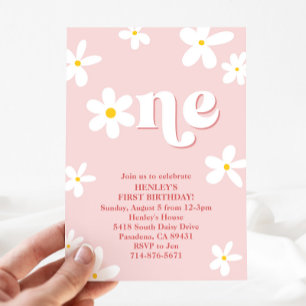 Pink Retro Daisy One 1st Birthday Girl Invitation
