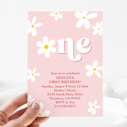 Pink Retro Daisy One 1st Birthday Girl Invitation