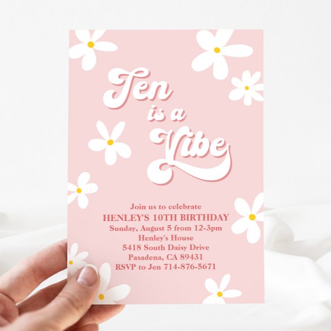 Pink Retro Daisy Ten Is A Vibe Birthday  Invitation (Creator Uploaded)