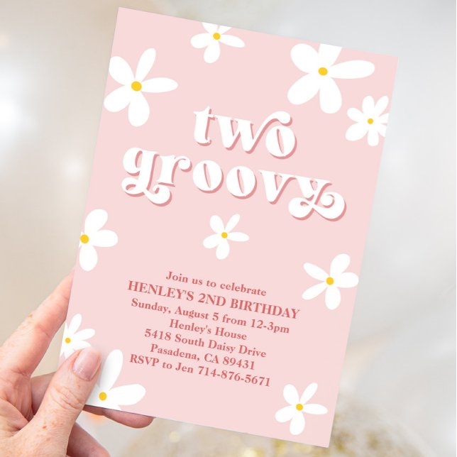 Pink Retro Daisy Two Groovy 2nd Birthday Invitation (Creator Uploaded)
