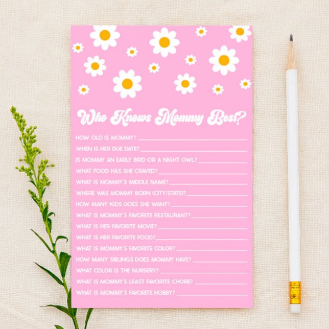 Pink Retro Daisy Who Knows Mommy Baby Shower Game Stationery (Creator Uploaded)
