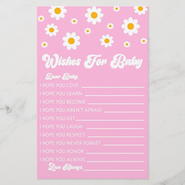 Pink Retro Daisy Wishes For Baby Shower Activity Stationery (Front)