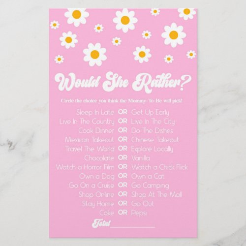Pink Retro Daisy Would She Rather Baby Shower Game Stationery