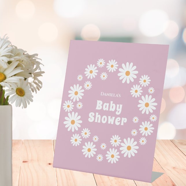 Pink Retro Daisy Wreath Groovy Girl Baby Shower  Pedestal Sign (daisy baby girl shower welcome sign pink daisy wreath daisies flower power)