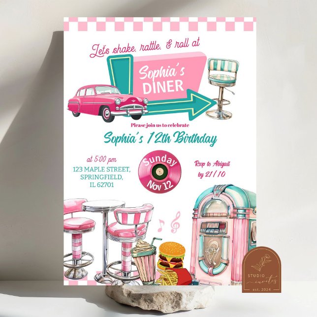 Pink Retro Diner Girl Birthday Party Invitation (Creator Uploaded)