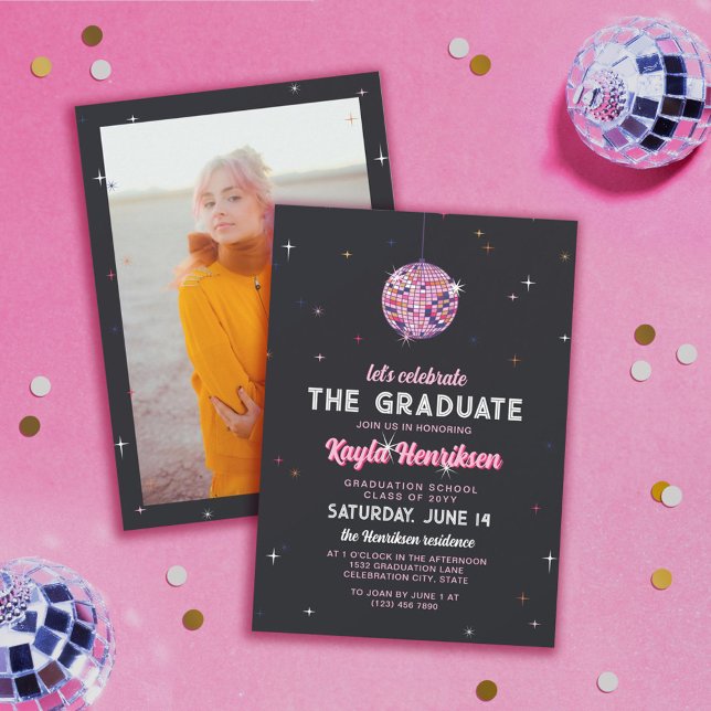 Pink Retro Discoball & Flares Graduation Party Invitation (Creator Uploaded)