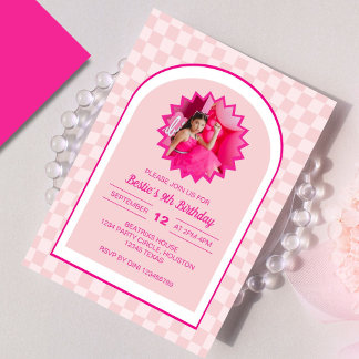 Pink Retro Doll Lets Go Party Birthday Photo Invitation