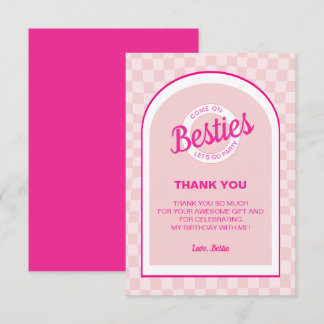 Pink Retro Doll Lets Go Party Birthday Thank You Card