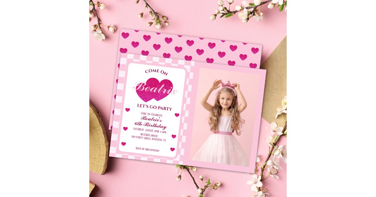 Pink Retro Doll Photo Birthday Invitation | Zazzle