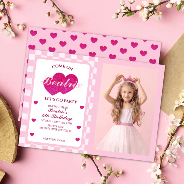 Pink Retro Doll Photo Birthday Invitation | Zazzle