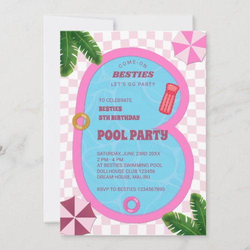 Pink Retro Doll Pool Birthday Party Invitation