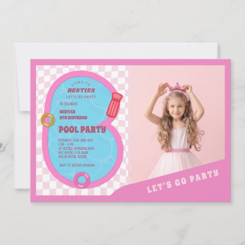 Pink Retro Doll Pool Birthday Photo Party  Invitation