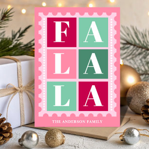 Pink Retro Fa La La Christmas Postage Stamp Holiday Card