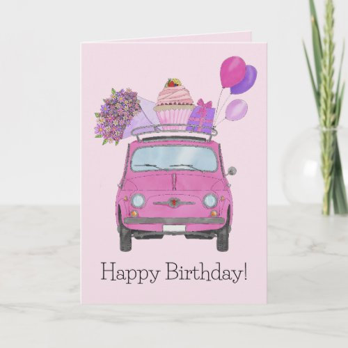 Pink Retro Fiat 500 Birthday Card