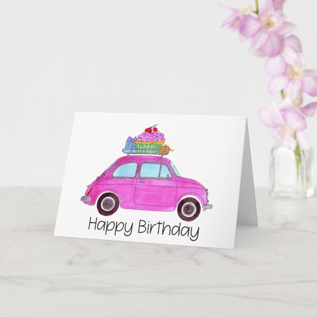 Pink Retro Fiat 500 Birthday Card (Orchid)