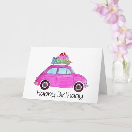 Pink Retro Fiat 500 Birthday Card