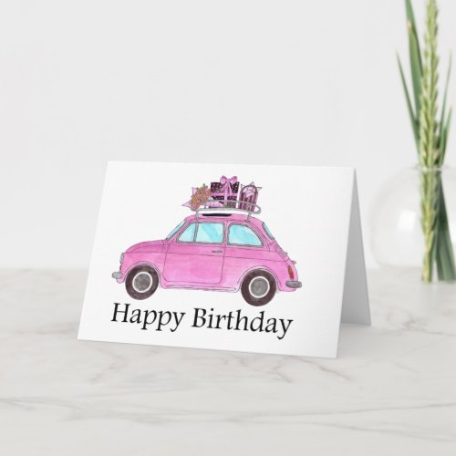 Pink Retro Fiat 500 Birthday Card