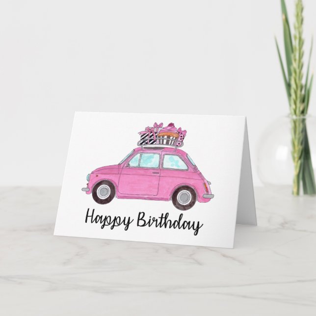Pink Retro Fiat 500 Birthday Card (Front)