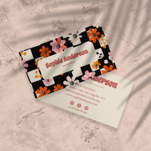 Pink Retro Floral Checkered Business Card