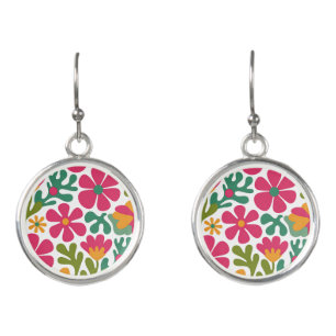 Pink Retro Floral Groovy Pattern Earrings