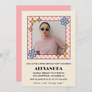 Pink Retro Floral Photo 34th birthday invitation