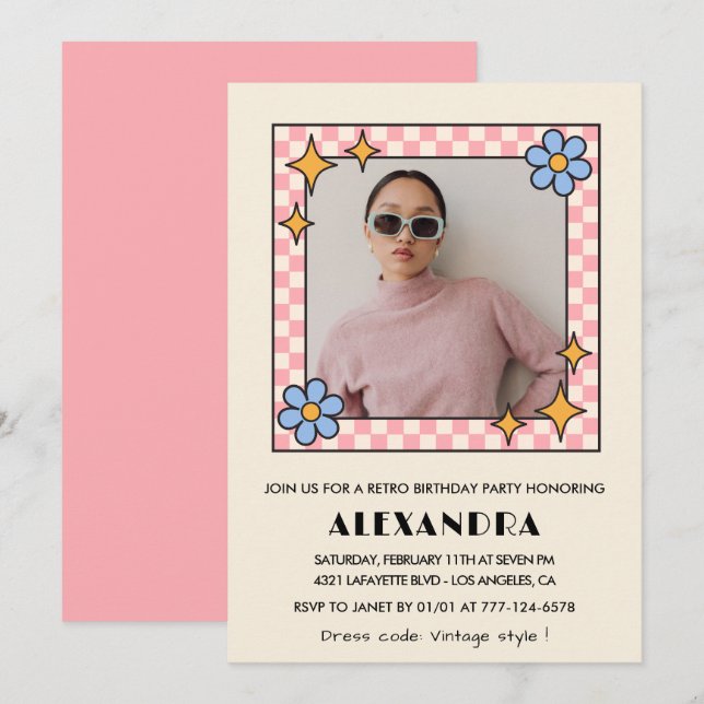 Pink Retro Floral Photo 39th birthday invitation  (Front/Back)