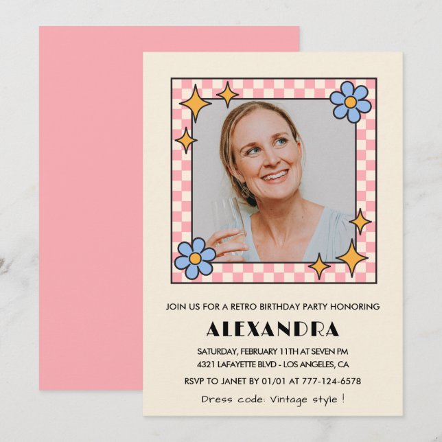 Pink Retro Floral Photo 46th birthday invitation  (Front/Back)