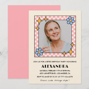 Pink Retro Floral Photo 69th birthday invitation 