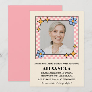 Pink Retro Floral Photo 72nd birthday invitation 