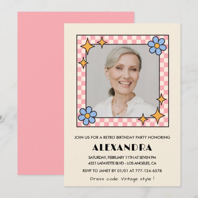 Pink Retro Floral Photo 88th birthday invitation  (Front/Back)