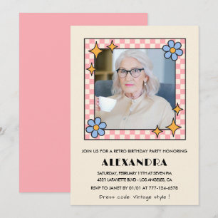 Pink Retro Floral Photo 96th birthday invitation
