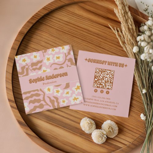 Pink Retro Floral QR Code  Square Business Card