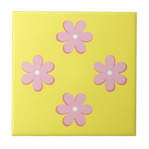 Pink Retro Flowers Ceramic Tile