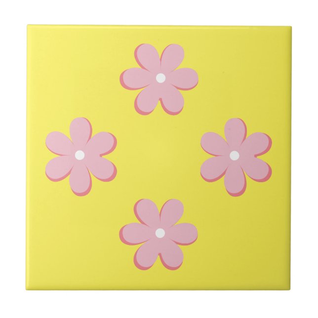 Pink Retro Flowers Ceramic Tile (Front)