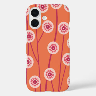Pink Retro Flowers Orange Background iPhone 16 Case
