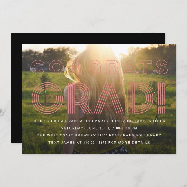 Pink Retro Grad Graduation Photo Invitation (Front/Back)