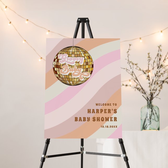 Pink Retro Groovy Baby Disco Ball Welcome Sign (In Situ (Stand))