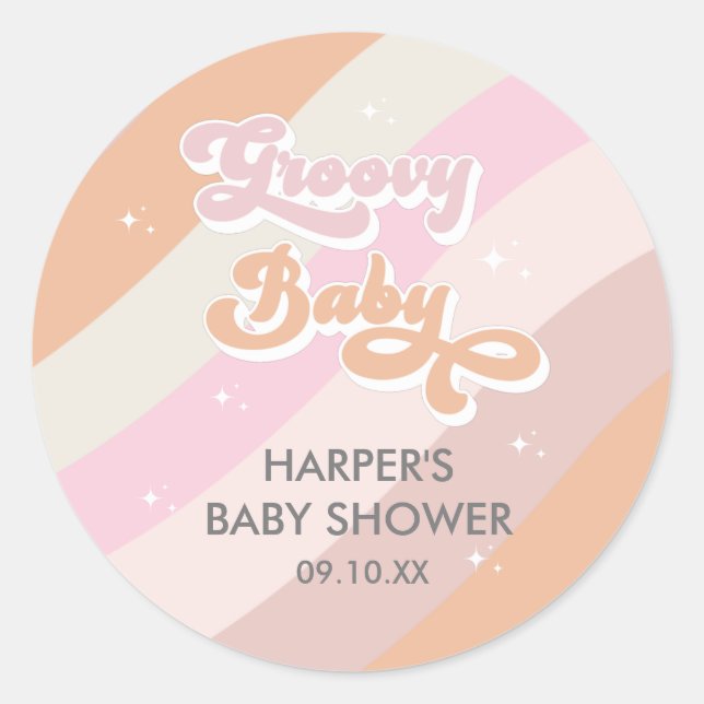 Pink Retro Groovy Baby Shower Favors Classic Round Sticker (Front)