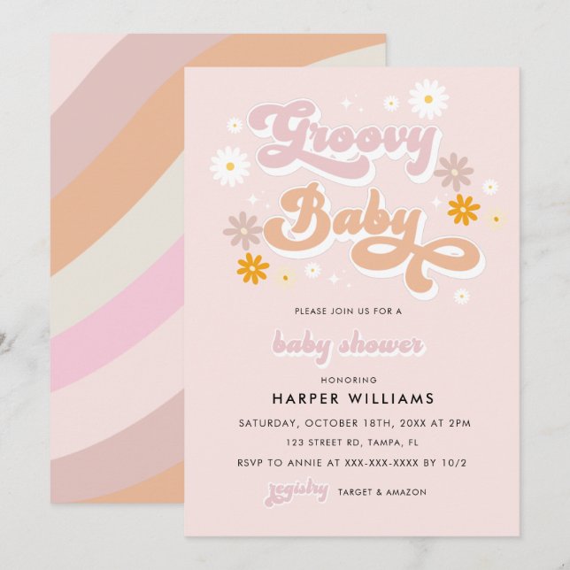 Pink Retro Groovy Baby Shower  Invitation (Front/Back)