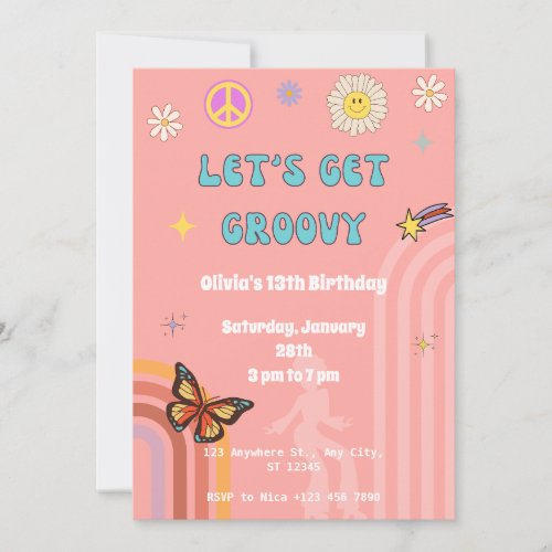 Pink Retro Groovy Birthday Party Invitation